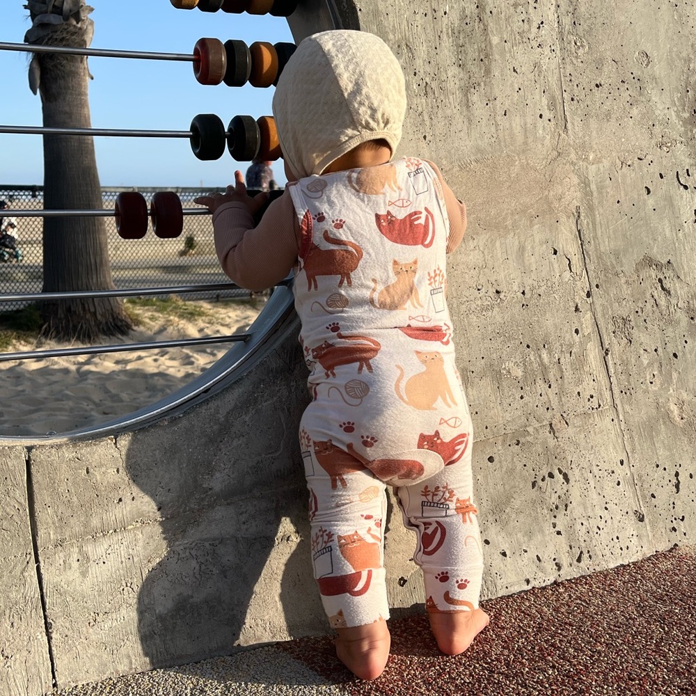Spearmint Love Cat Print Baby Romper in Cream with Rust & Tan Cats